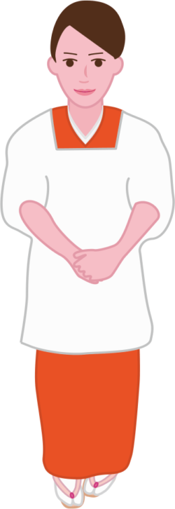 割烹着姿の居酒屋の女将の「いらっしゃいませ」のイラスト