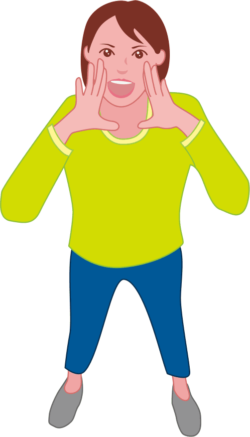 「おーい、こっちだよ」と叫んでいる若い女性のイラスト