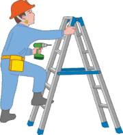 ドリル片手に脚立を使って器具の取付をする作業員のイラスト