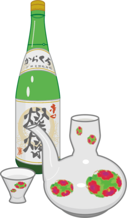 一升瓶と酒器 日本酒一升瓶と酒器のイラスト