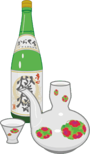 日本酒一升瓶と酒器のイラスト