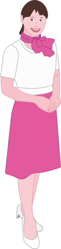 ピンク色のスカーフを首に巻いた受付嬢のイラスト