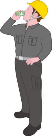 休憩時間に腰に手をあてて缶コーヒーを飲んでいる工事作業員のイラスト