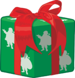 クリスマスプレゼント 赤いリボンとサンタ柄の包装紙で包まれたクリスマスプレゼントのイラスト