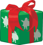 赤いリボンとサンタ柄の包装紙で包まれたクリスマスプレゼントのイラスト