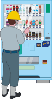 休憩時間に自販機で缶ジュースを買っている現場作業員のイラスト