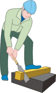 太い角材をノコで切っている大工のイラスト