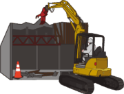 小型油圧ショベルで家屋を解体しているイラスト