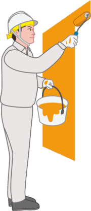 オレンジ色の塗料を壁に塗っている塗装工のイラスト