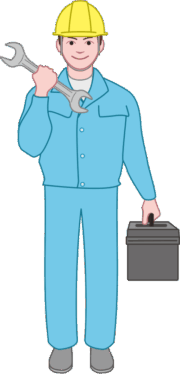 スパナと工具箱を持った水道屋さんのイラスト