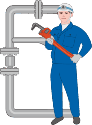 大きなパイプレンチを持った配管工のイラスト