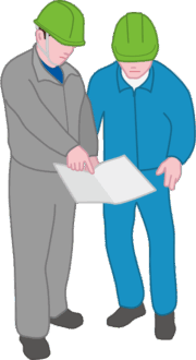 図面を見ながら工事の打合せをしている技能工のイラスト