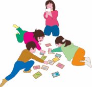 正月にカルタ取りをして遊んでいる子どもたちのイラスト