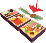 新年を祝うお重詰めのおせち料理のイラスト