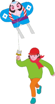 正月に凧あげをして遊んでいる子どものイラスト