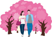 若い男女が桜並木でお花見デートしているイラスト