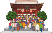 初詣でたくさんの参拝者が訪れている神社のイラスト