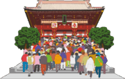 初詣でたくさんの参拝者が訪れている神社のイラスト