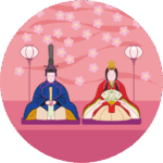 桃の花を背景にした雛人形のイラスト