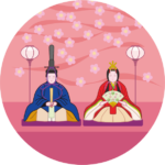 雛人形 桃の花を背景にした雛人形のイラスト