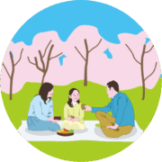 親子でお花見を楽しんでいるイラスト。