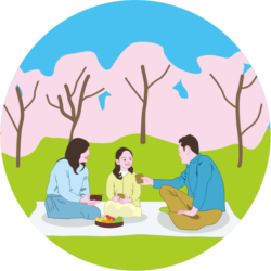 親子でお花見を楽しんでいるイラスト。