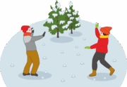 雪原で雪合戦を楽しんでいる子どもたちのイラスト