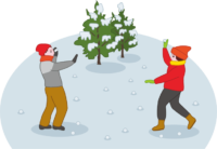 雪合戦 雪原で雪合戦を楽しんでいる子どもたちのイラスト