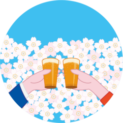 桜の花にビールで乾杯しているイラスト
