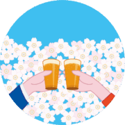 桜の花にビールで乾杯しているイラスト