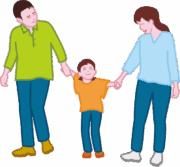 楽しそうに歩いている若い親子連れのイラスト