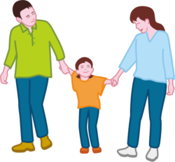 親子連れ 楽しそうに歩いている若い親子連れのイラスト