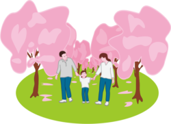 家族三人でお花見散歩を楽しんでいるイラスト