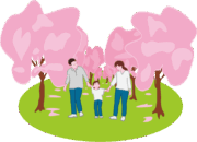 家族三人でお花見散歩を楽しんでいるイラスト