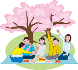 友人たちが集まって桜の下で宴会を開いているイラスト