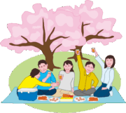 友人たちが集まって桜の下で宴会を開いているイラスト