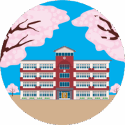 小学校の校庭で桜が咲いているイラスト
