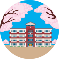 小学校の校庭で桜が咲いているイラスト