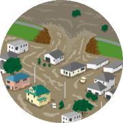 堤防決壊 大雨による堤防決壊で床上浸水した地域のイラスト