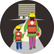 避難する親子 夜に非常持出袋を背負って安全な建物に避難する親子のイラスト