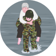 救助活動 洪水の被災者を背負って避難させている自衛官のイラスト