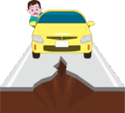 地震による亀裂 地震で道路に亀裂が入ったため立ち往生している乗用車のイラスト