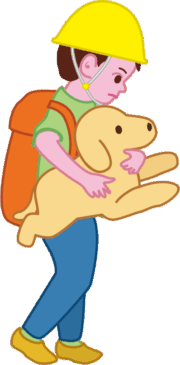 ぬいぐるみも避難 犬のぬいぐるみを抱いて避難所へ向かう男の子のイラスト