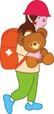 クマのぬいぐるみも避難 クマのぬいぐるみを抱いて避難所へ向かう女の子のイラスト