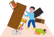 地震 地震で家具が倒れかかっている危険な部屋のイラスト