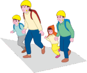 家族で高台へ避難 非常用持出袋を背負って高台へ避難する親子のイラスト
