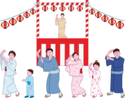 町内の盆踊り 浴衣姿で町内会の盆踊りを楽しんでいる人たちのイラスト