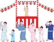 浴衣姿で町内会の盆踊りを楽しんでいる人たちのイラスト