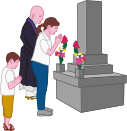 お盆のお墓参り 新盆のお墓参りをする親子のイラスト