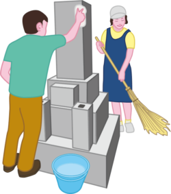 お墓の掃除 お盆に若い夫婦がお墓の掃除をしているイラスト